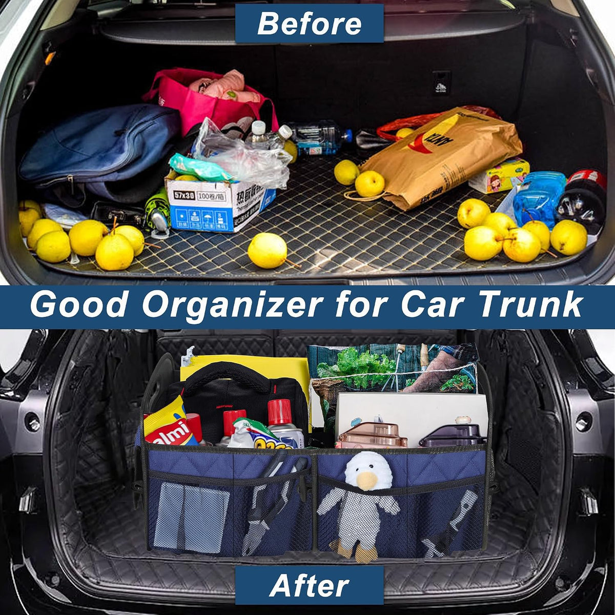 Deosk Car Trunk Organizer for SUV, Car Organizers and Storage with Reinforced Handles, Car Accessories for Women/Men 50L Waterproof Polyester Trunk Organizer(Medium, Dark Blue)