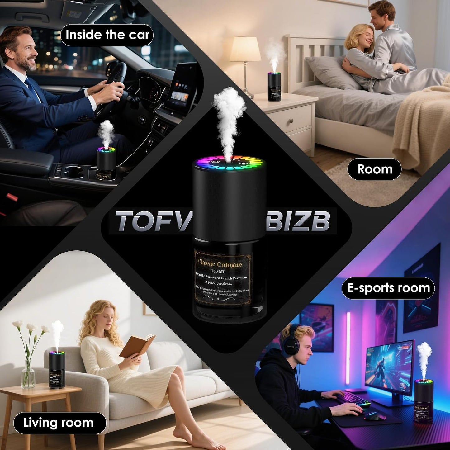 Car Air Freshener, Smart Car Air Freshener, Music-Synced RGB Ambient Lights with Auto On/Off, 150ml, Suitable for Cars, Homes, Offices, Bedrooms (Cologne)