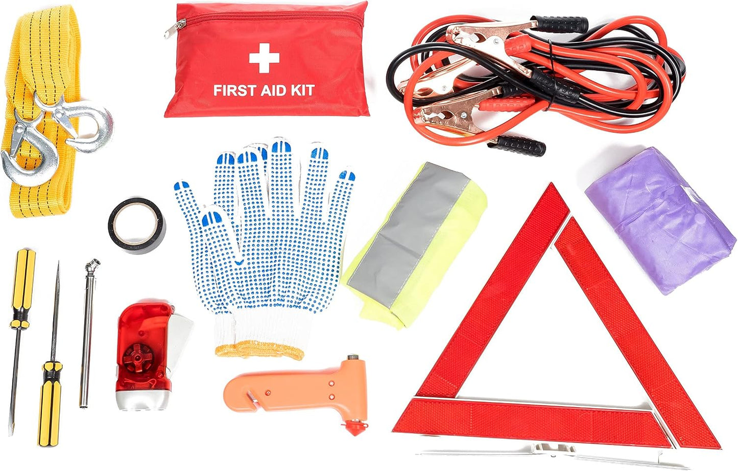 Roadside Car Emergency Kit - First Aid Set, Jumper Cables, Tow Strap, LED Flash Light, Rain Coat, Tire Pressure Gauge, Safety Vest and More (Black)