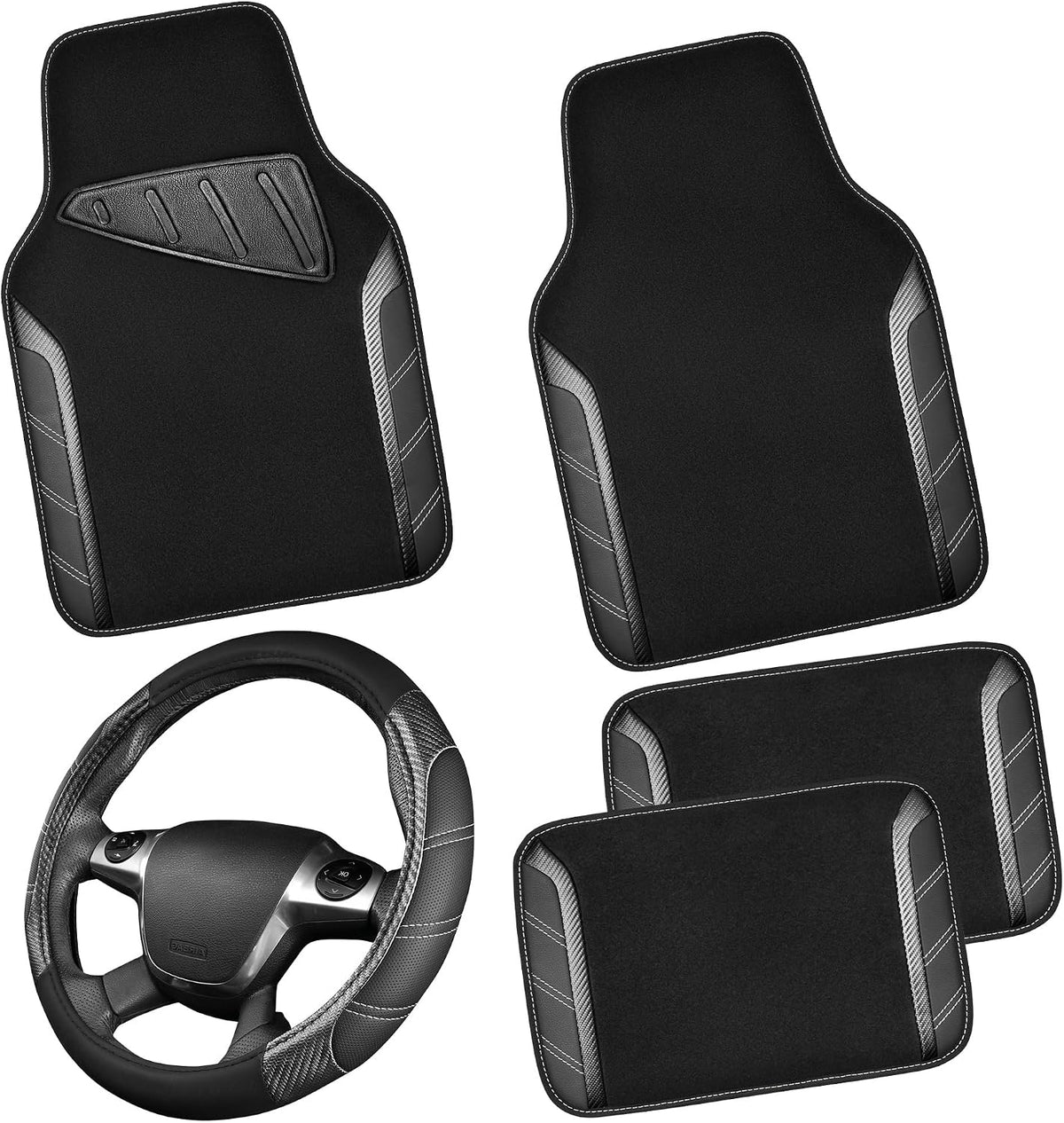 CAR PASS Leather Steering Wheel Cover and Waterproof Car Floor Mats,Microfiber Universal Car Combo Fit for 95% Sedan,SUV,Cars,14.5-15inch Sporty Anti-Slip Safety Comfortable Design(Carbon Fiber Black)