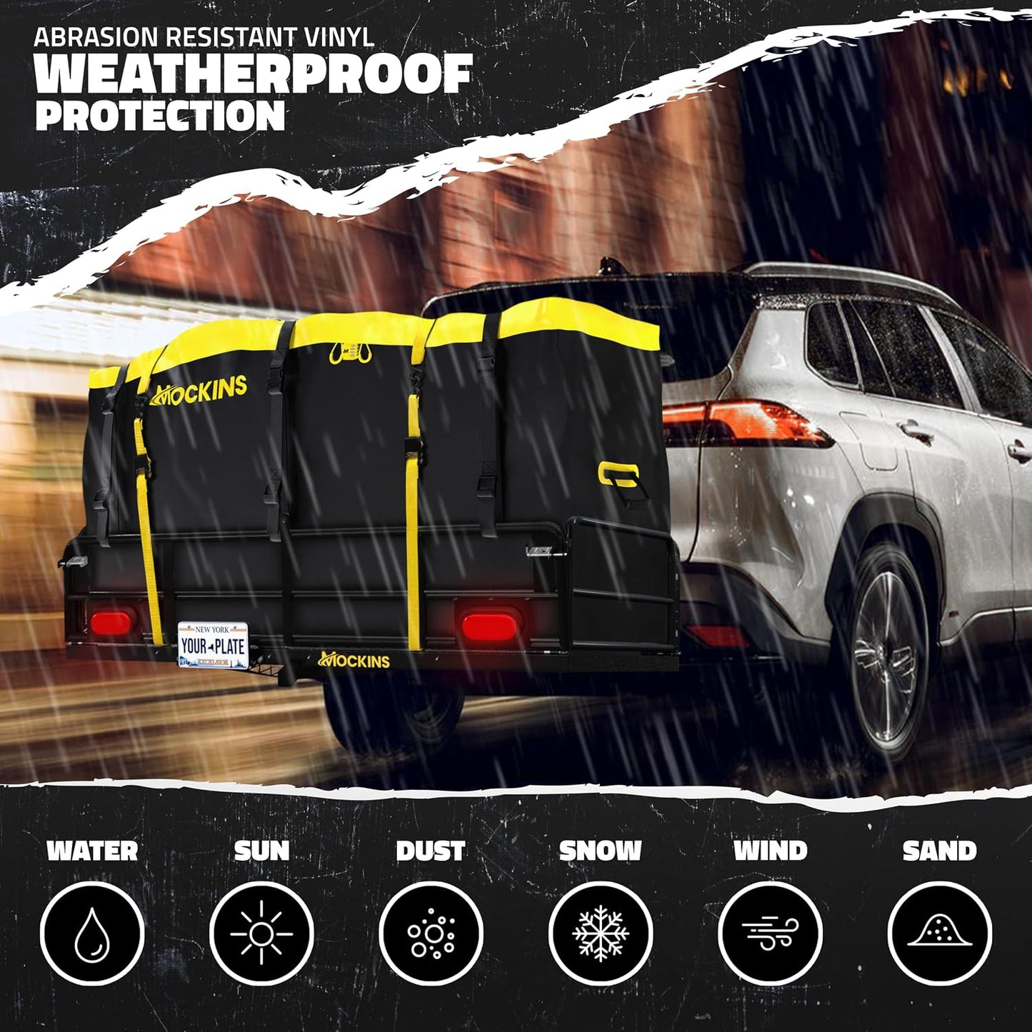 Mockins 60"x24"x14" High Rail Trailer Hitch Cargo Carrier with Rear Lights | Includes 30 CuFt Cargo Bag for Hitch Carrier & Plate Bracket | 500 Lbs Capacity All-Weather Luggage Rack for SUV Car Truck RV