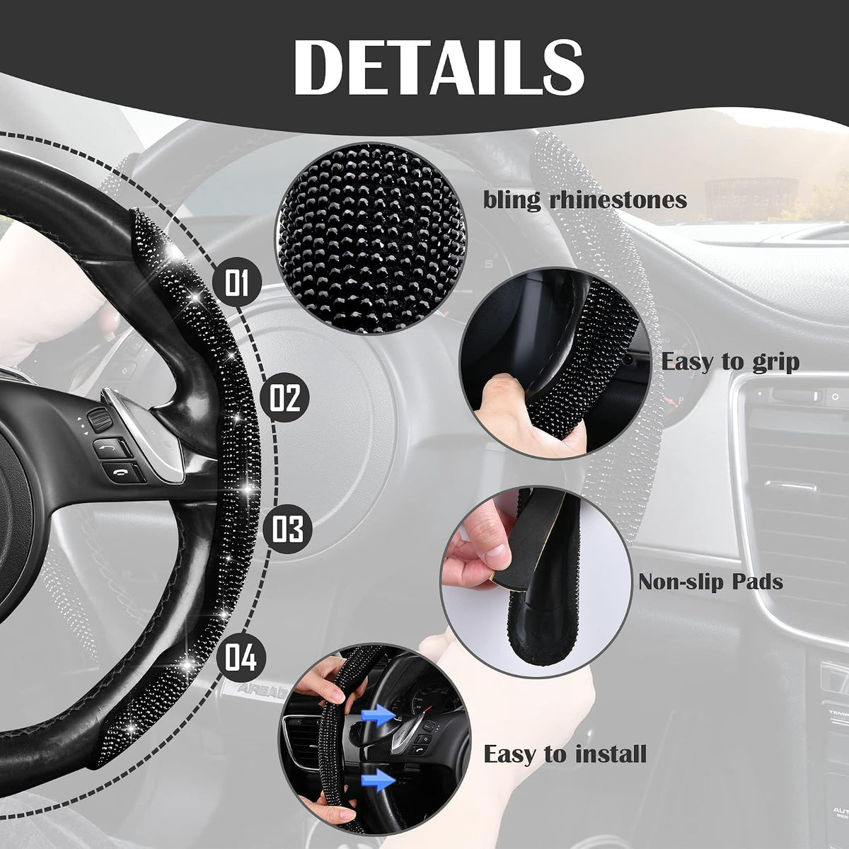 CAR PASS 2PCS Bling Diamond Segmented Steering Wheel Cover with Crystal Rhinestones, Wheel Protector Non-Slip Cute Car Accessories Universal Fit D-Shape O-Shape 14.5" to 16" for Women, Black Diamond