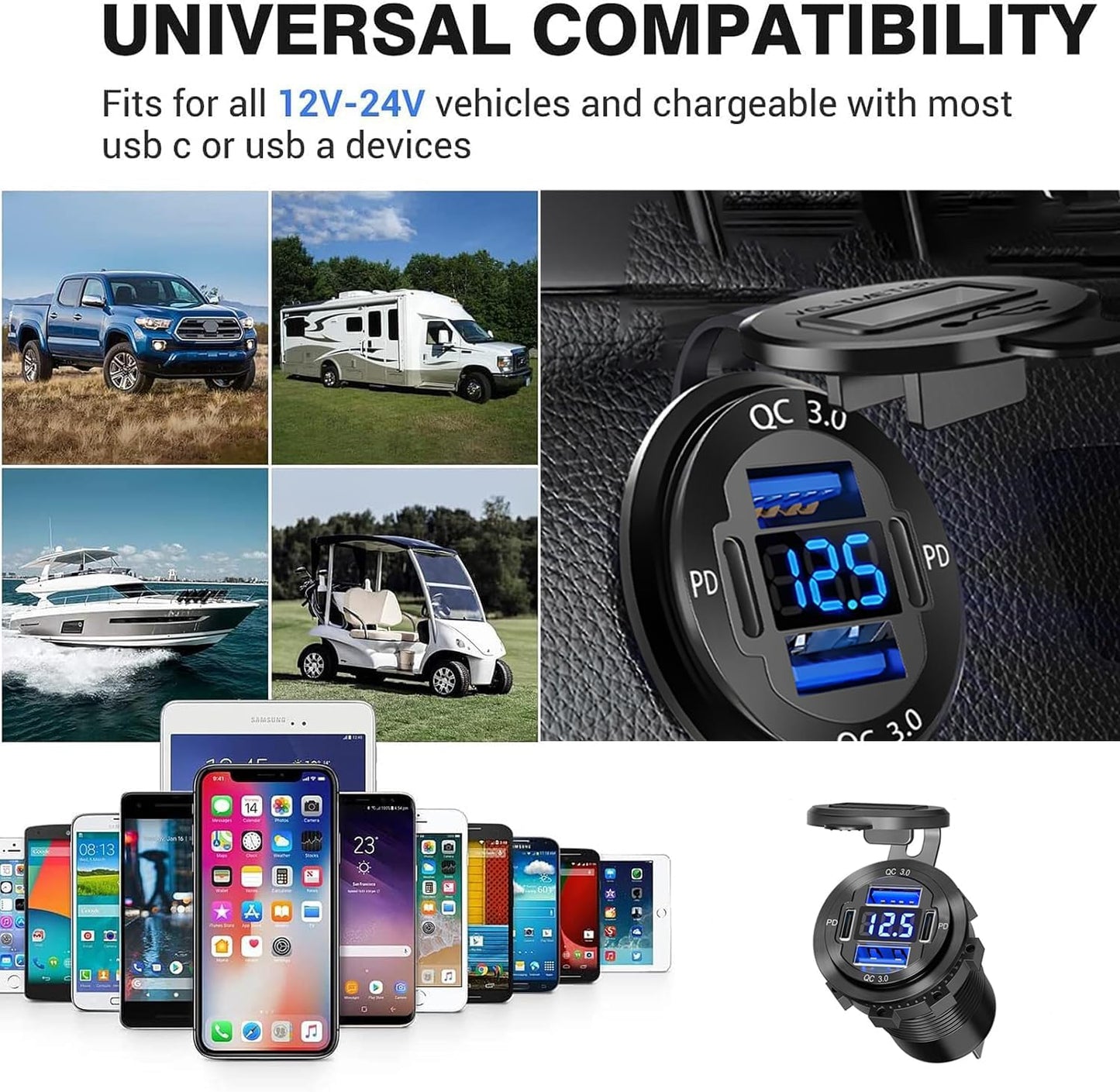 Upgraded 4 Port 12V USB Outlet, 78W Dual PD & QC Aluminum Alloy USB Ports with LED Voltmeter Waterproof for Cars, Cigarette Lighter Replacement 12V Socket for Boats RV Trucks and Motorcycles