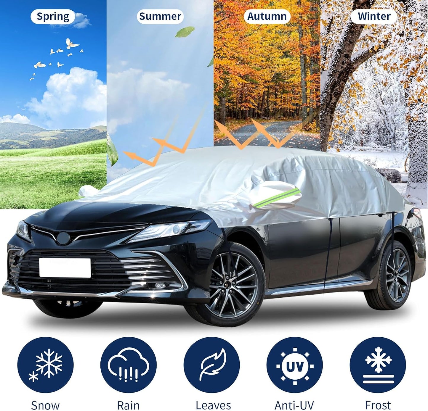 Hrozny Car Snow Cover, Half Car Cover Sedan Waterproof All Weather, Winter Car Windshield Cover for Ice and Snow, Frost Guard Windshield Cover Universal Fit for Most Cars (Sedan)