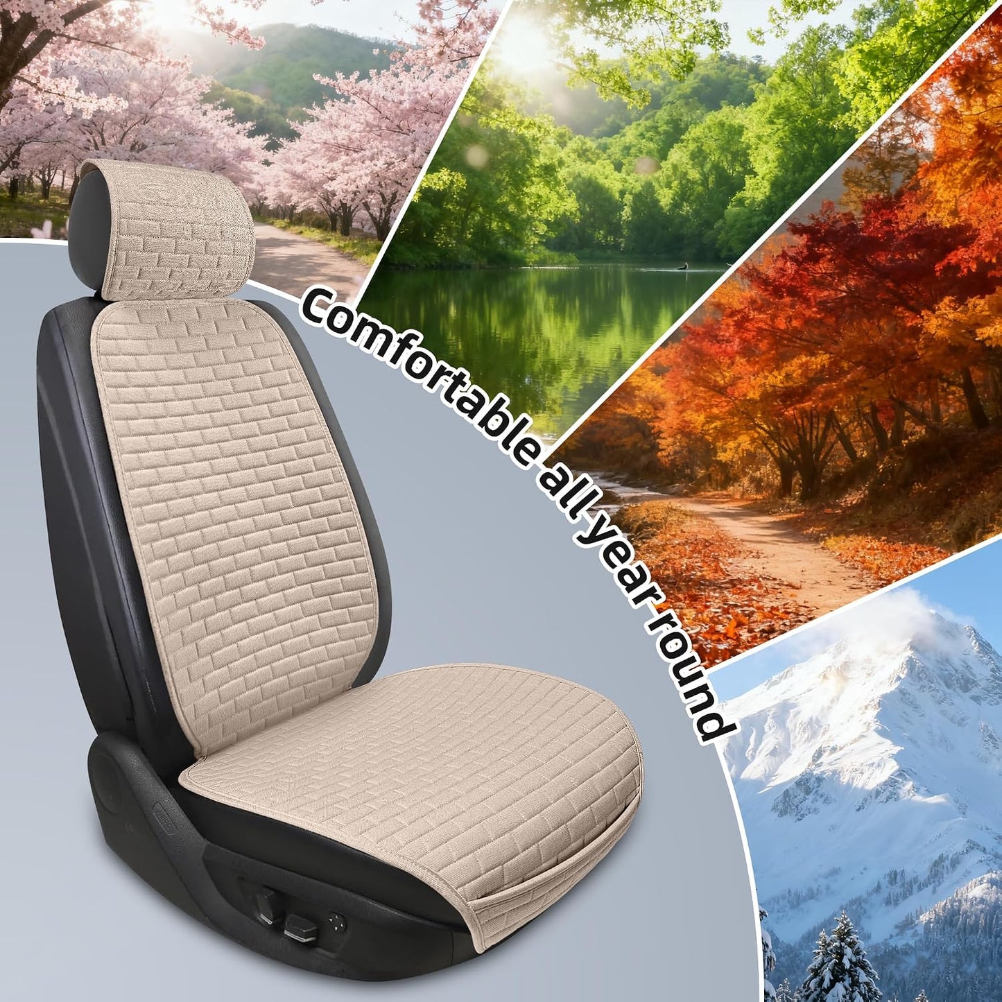Linen Car Seat Covers Front Seat Covers - 2 PCS Durable & Non-Slip Breathable Cloth Fabric Car Seat Protector, Universal Fit for Most Automotive, Vans, SUVs, Trucks - Beige