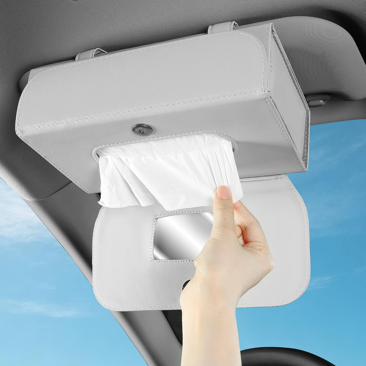 Car PU Leather Clip On Visor Tissue Holder with Mirror Storage Black