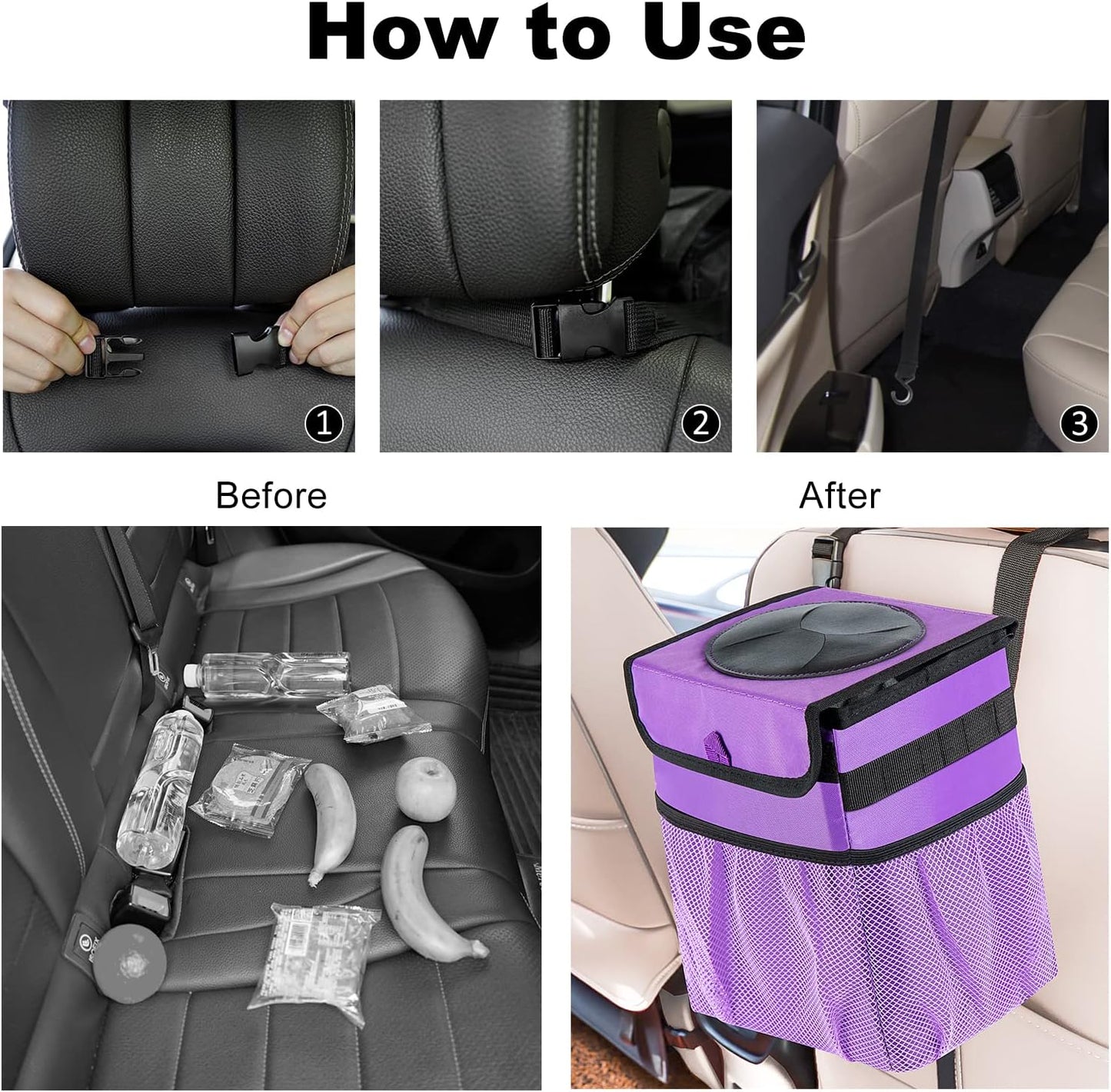 Car Trash Can Foldable Garbage Bin Leakproof 2.3 Gallons Car Trash Bag Purple