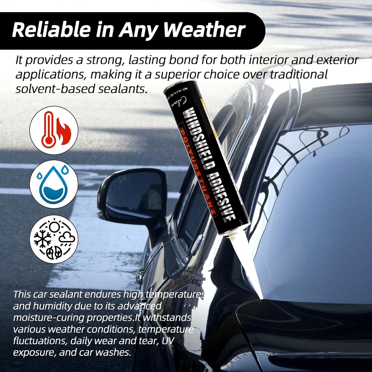 Calvana Urethane Windshield Adhesive 310ml, Automotive Polyurethane Sealant, Car Glass Chip & Crack Repair Kit with 1 windshiel Primer, 1 Pair Gloves, 2 Applicator Sticks, Quick Curing, Black
