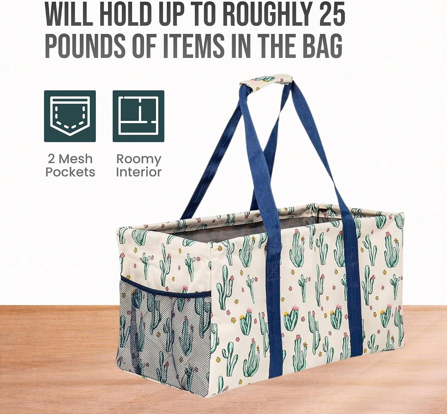 Extra Large Utility Tote Bag, Oversized Collapsible Reusable Wire Frame Rectangular Canvas Basket With Two Exterior Pockets For Beach, Pool, Laundry, Car Trunk, Storage - Cactus White