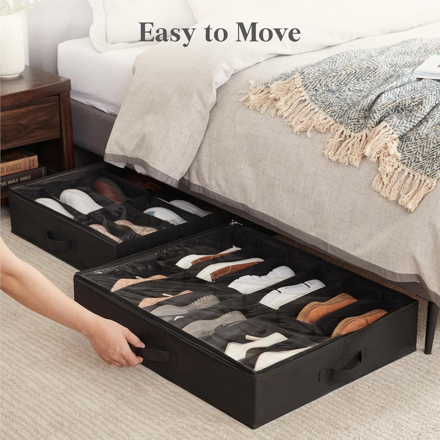 Lifewit Under Bed Shoe Storage Organizer 2 Pack(12 Shoes Cells), 4.3 Inches Profile Fabric Shoes Container Box with Clear Cover, Foldable Storage Bag with 2 Handles, Fits 12 to 24 Pairs