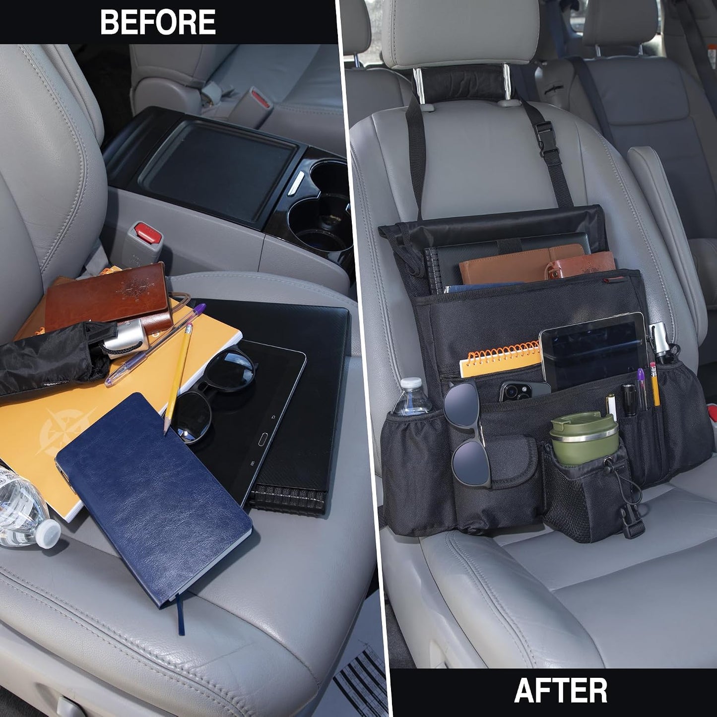 Front Seat Car Organizer with flap and buckle closure – Convertible into Shoulder Bag – Fits Front or Back of Seat – Heavy Duty Car Organizer for Rideshare and Truck drivers