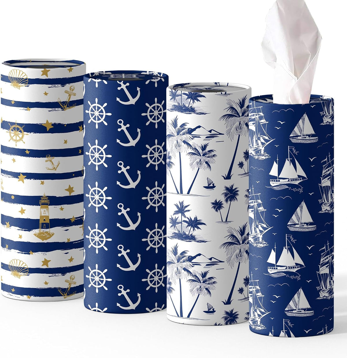 4 Pcs Nautical Round Tissues Box Car Holder Set with Facial Tissue Bulk Nautical Travel Tubes for Car - 50 Sheets Cylinder Face Towel Containers Fit for Cup Holder Round Storage for Car, Travel