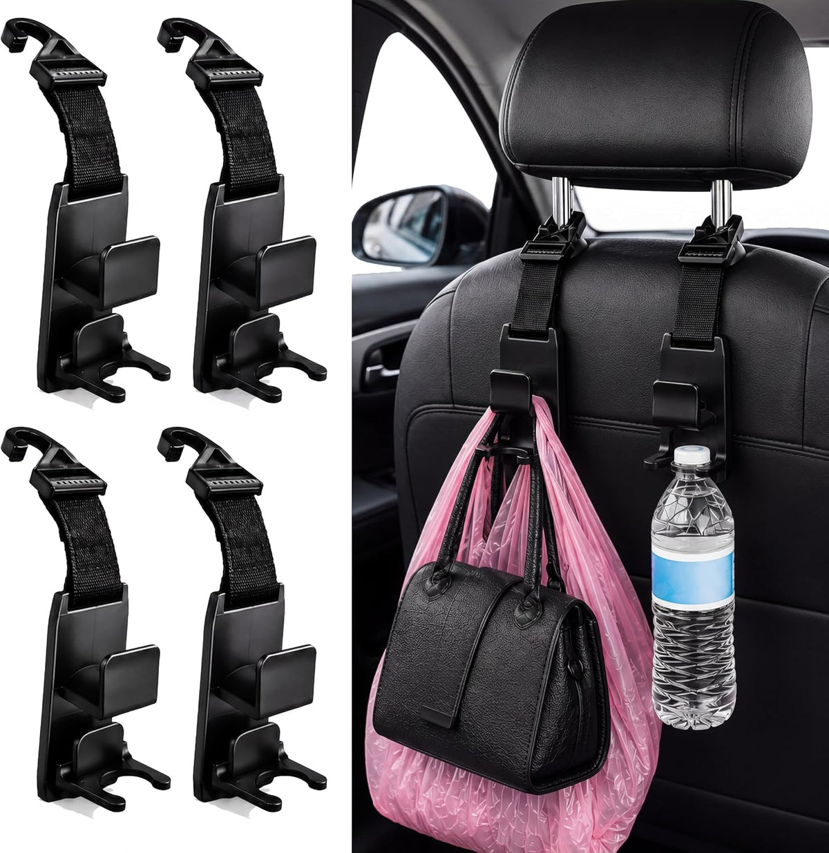 Headrest Hooks for Car, 4 Pack Bag & Bottle Holders