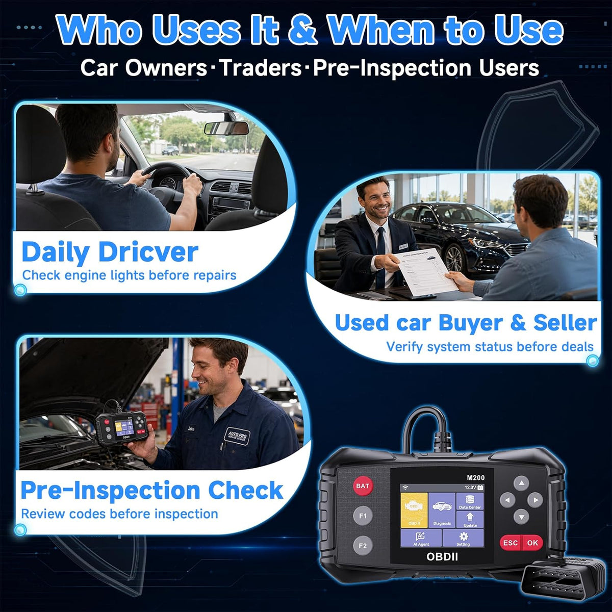 OBD2 Scanner with ABS and SRS Transmission, AI Diagnosis Quick Scan