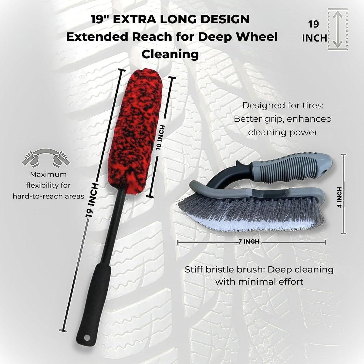 Car Wheel Brush & Wheel Barrel Brush Kit – 19" Soft Non-Scratch Microfiber Rim + Stiff-Bristle Scrubber for Tires, Rubber Mats & Motorcycles – Tire Brushes for Cleaning Tires.