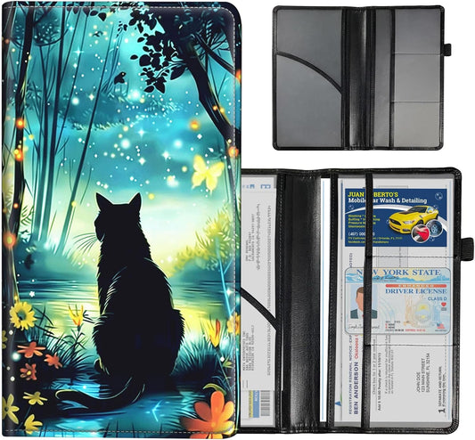 Car Registration and Insurance Holder for Women & Men Glove Box - Durable Auto Insurance Card Organizer with Easy Access,Holds Driver's License & Registration Cards,Black Cat Forest