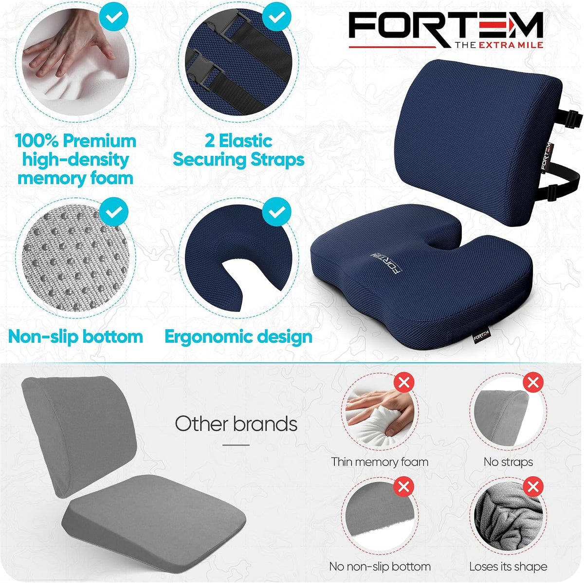 FORTEM Seat Cushion, Office Chair Cushion, Lumbar Support Pillow for Office Chair, Memory Foam Car Seat Cushions, Sciatica Coccyx Tailbone Pain Relief, Cushions for Back Support, Washable, Non Slip XL