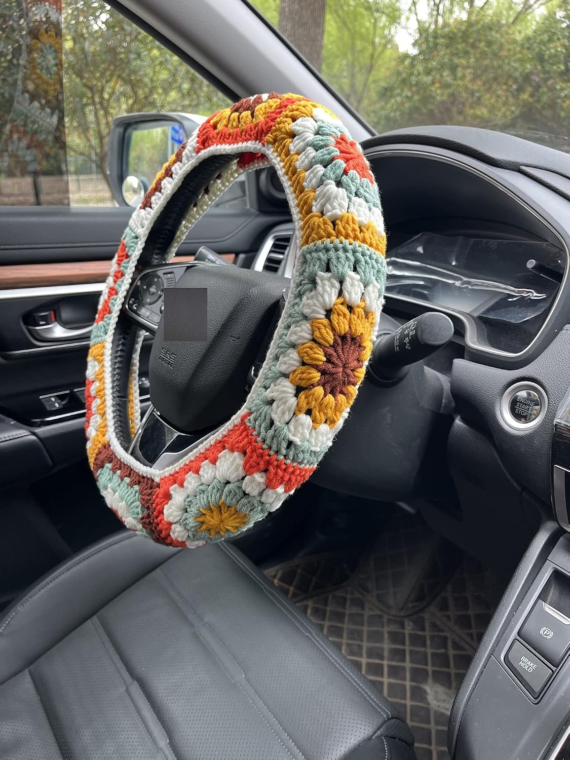 Steering Wheel Cover,Handmade Crochet Rainbow Sunflower Granny Square Steering Wheel Covers (Steering Wheel Cover+1strawberry)