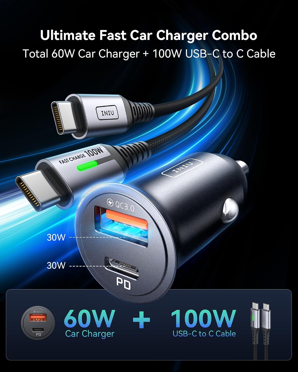 INIU Car Charger, Total 60W Cigarette Lighter Charger with 100W USB C Cable