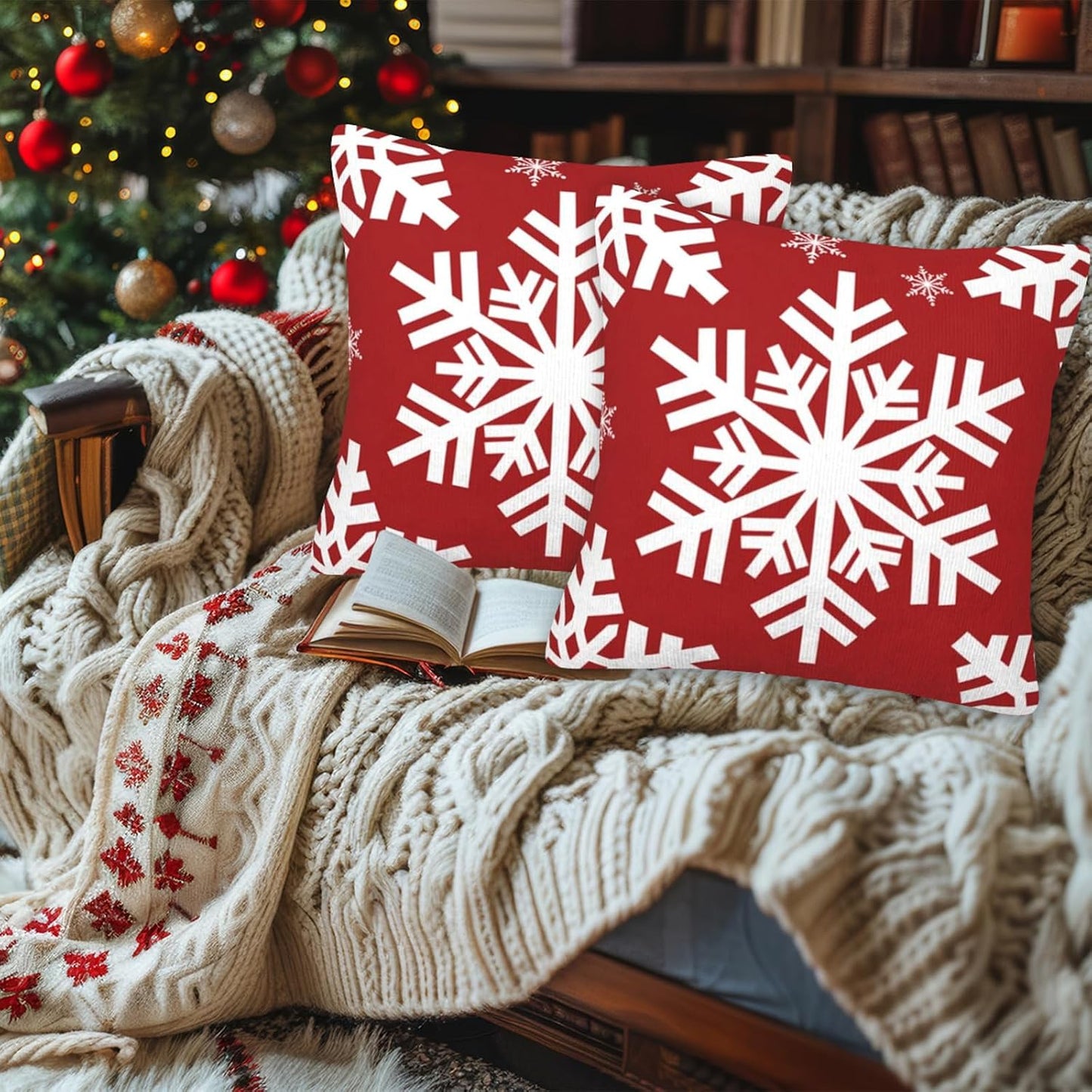 JOOCAR Christmas Pillow Cover 24x24 inch Set of 2 Beautiful Snowflakes Print Throw Pillow Cover Farmhouse Xmas Decor Winter Holiday Cushion Case for Sofa Couch