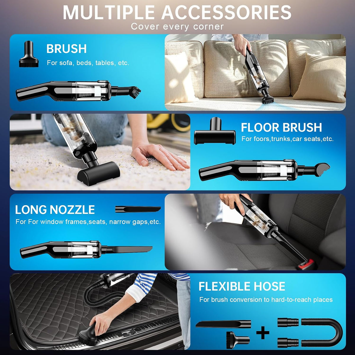 Handheld Vacuum Cordless, Portable Car Vacuum for Office Car Pets with Multiple Accessories