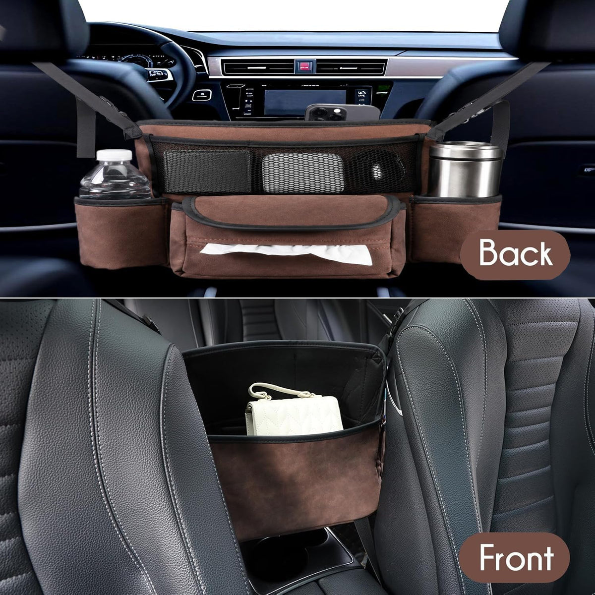 Car Handbag Holder Between Seats Suede Large Capacity Car Purse Holder Automotive Consoles, Fits Between Front Seats, Holds Wallet, Phone & Essentials (Brown)