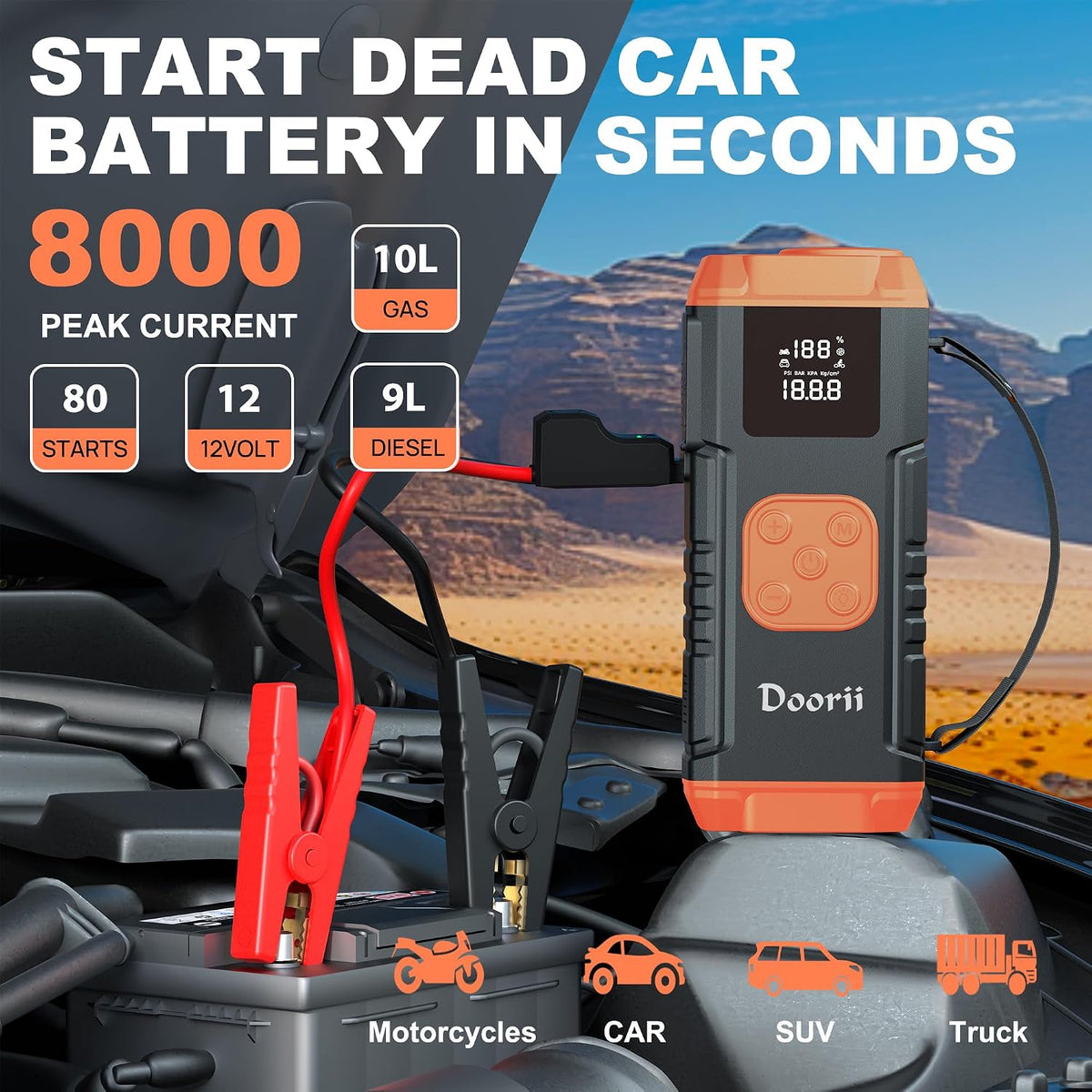 8000A Jump Starter with Air Compressor, 10-in-1 Car Battery Jump Starter Shiny Orange for Up to 10.0L Gas & 9.0L Diesel Engines, 150PSI Tire Inflator with Auto Shut-Off, LED Emergency Light