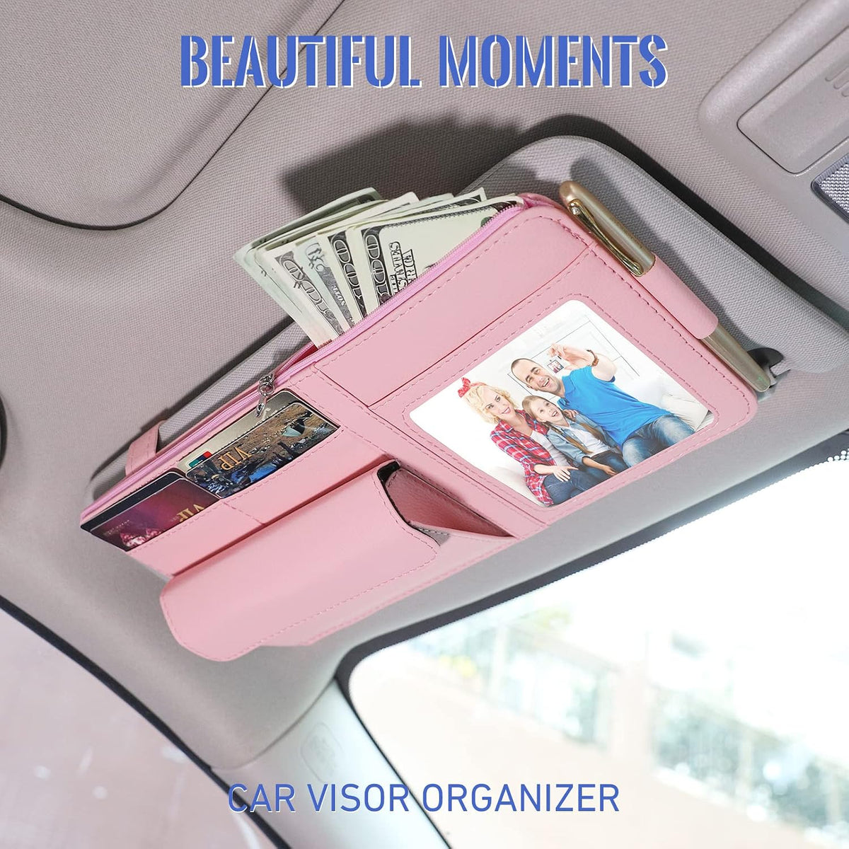 Pink Car Sun Visor Organizer, Multi-Pocket Storage Pouch for Trucks & SUV