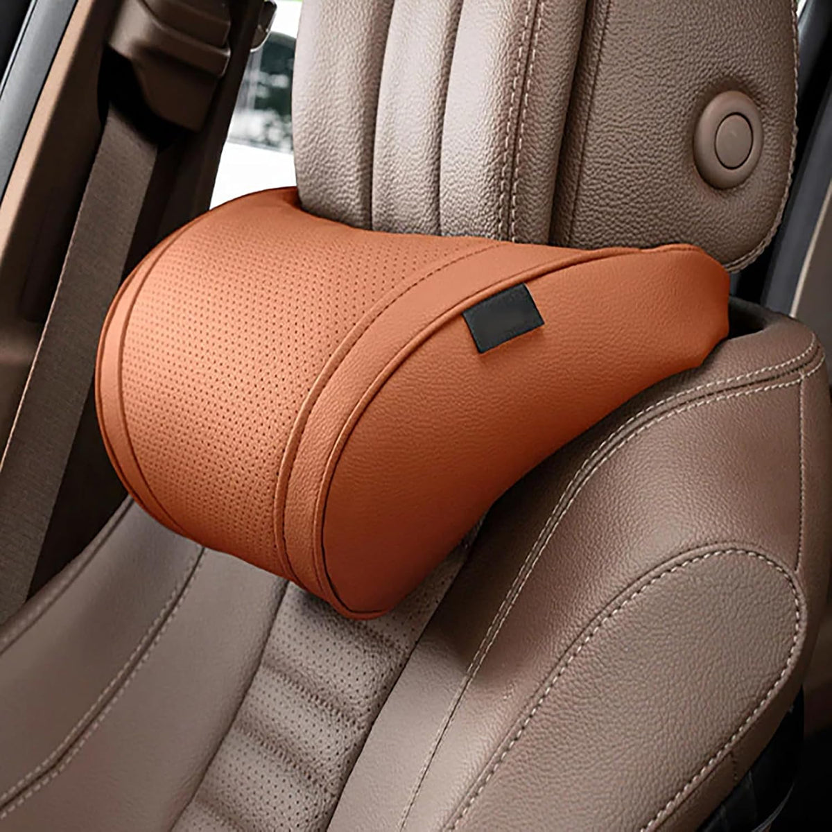 Ergonomic Headrest and Lumbar Support Set for CarSeats, Leather Car HeadrestPillows, Luxurious MemoryFoam Car NeckPillow (Orange, Headrest Cushion)
