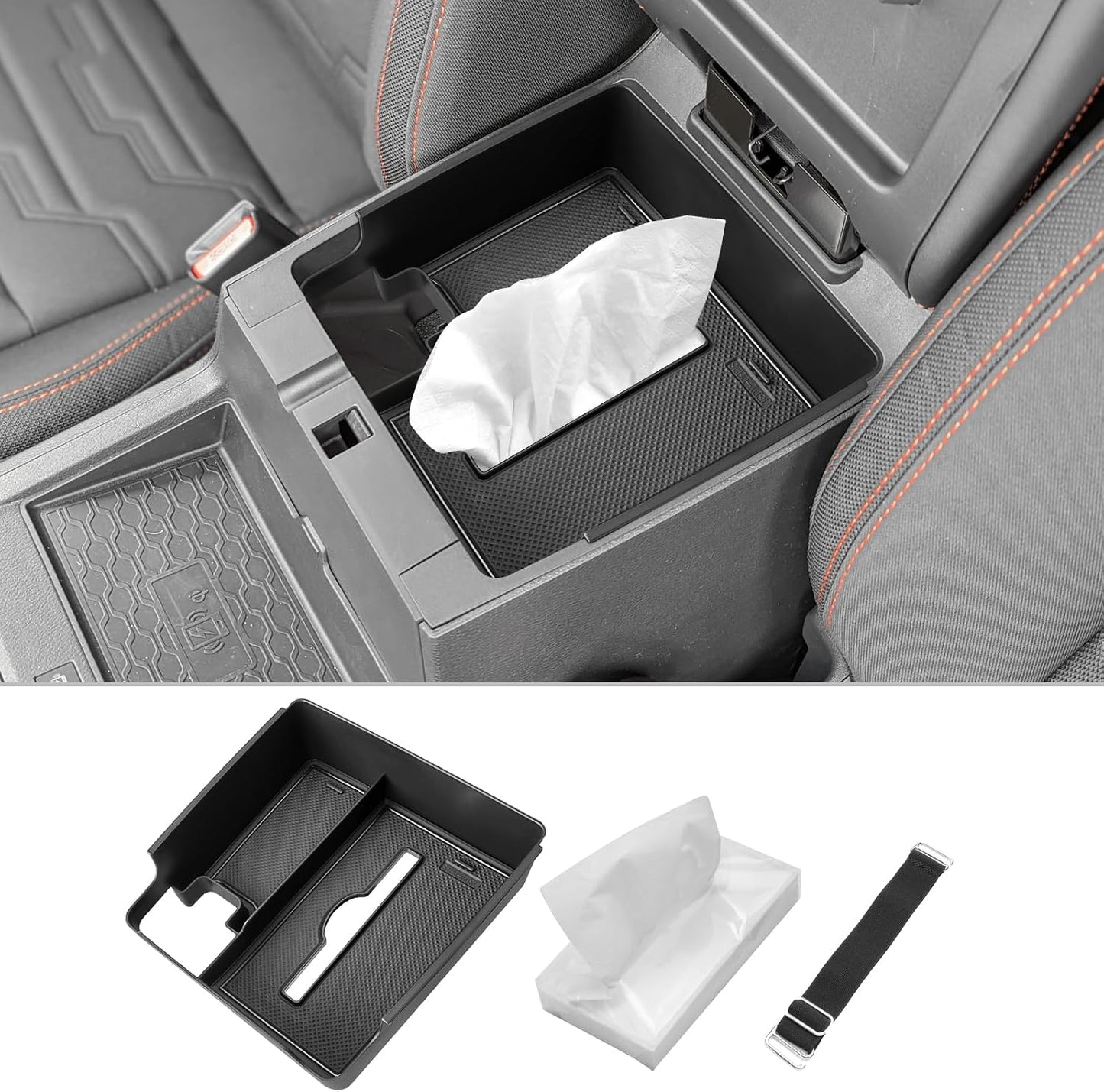 CDEFG Center Console Organizer Tray for 2022-2025 2026 Nissan Frontier with Tissue Slot, 2025 2026 Frontier Truck Accessories Middle Console Organizer Armrest Storage Box with Elastic Band