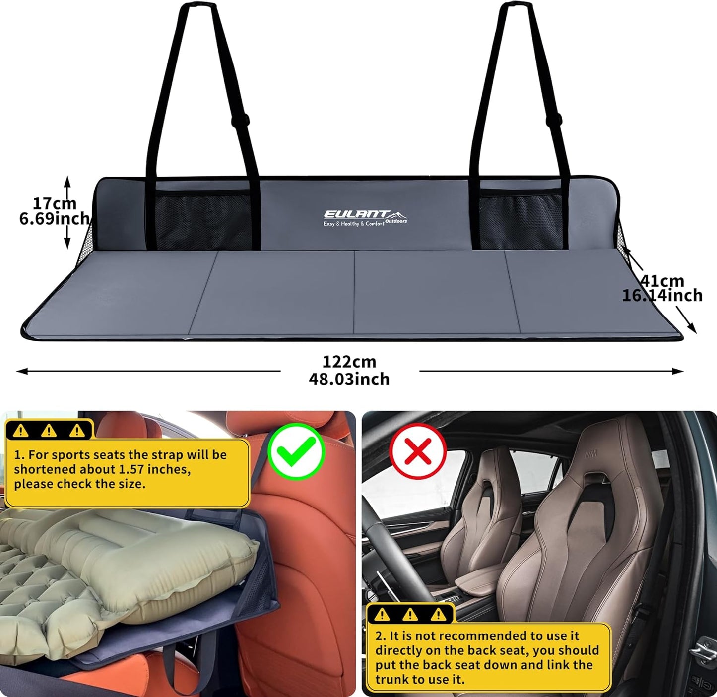 EULANT Car Rear Seat Mattress Extension Plate,Portable Air Mattress for Sleeping,Folding Rear Back Seat Extender,Increase Travel Trunk Space & Car Bed Camping Space for SUV/Cars/Model Y/3