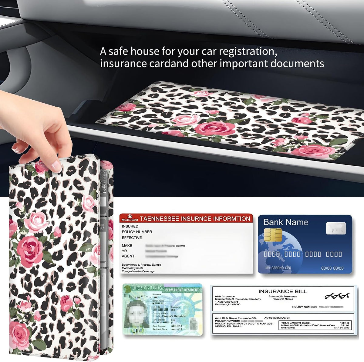 Premium Car Registration and Insurance Card Holder, Cute PU Leather Car Document Holder, Vehicle Glove Box Car Organizer with Magnetic Closure for Driver License, Cards Leopard Rose