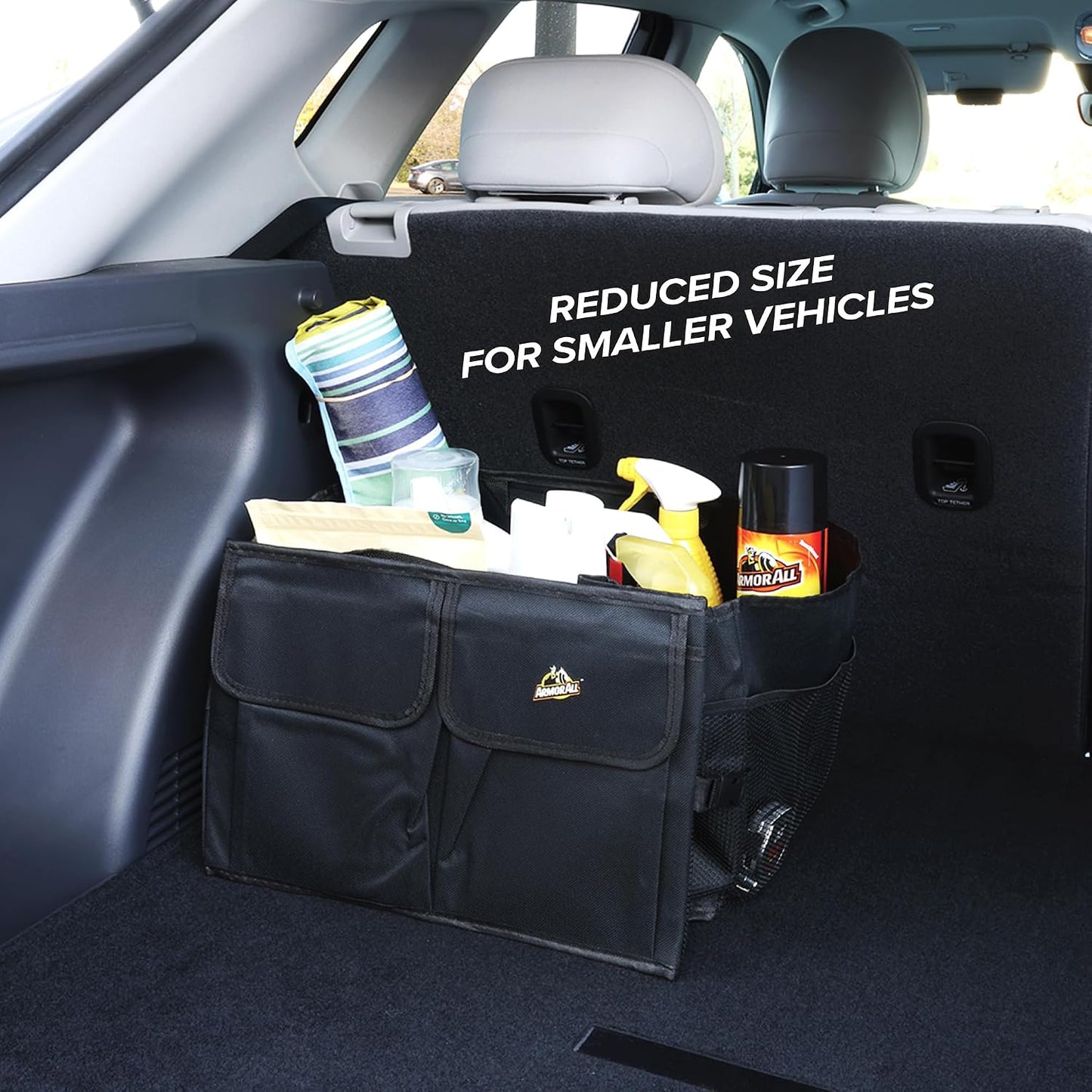 Armor All Trunk Organizer for SUV & Car, Extra-Large 9 Compartment Collapsable Lightweight Waterproof Car Organizer, 3 Compartments, 4 Mesh Pockets, 2 Pockets, 20.5” x 14.5” x 10”, Compression Buckles