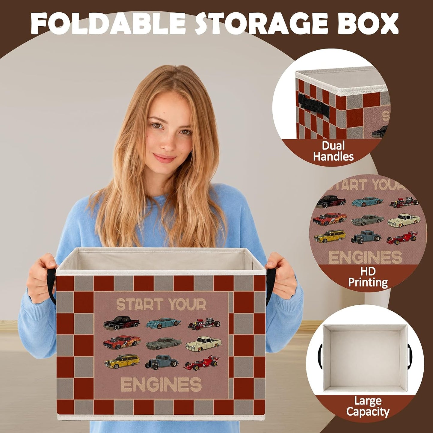 Vintage Race Car Boy Nursery Storage Bins with Handles | Start Your Engines Vehicle Red Checkered Foldable Collapsible Storage Basket Organizer for Kids Nursery Bedroom Books Clothes