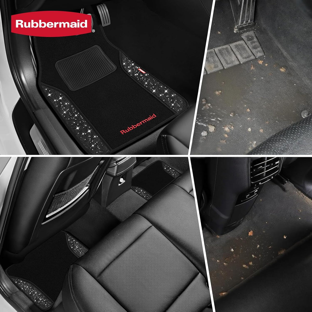 Rubbermaid Bling Car Mats, Carpeted Floor Car Mat with Faux Leather & Built-in Heel Pad, Two-Tone Car Rug Floor Mats, Stylish Carpeted Floor Mats for Cars, Trucks & SUVs Glitter Black Color