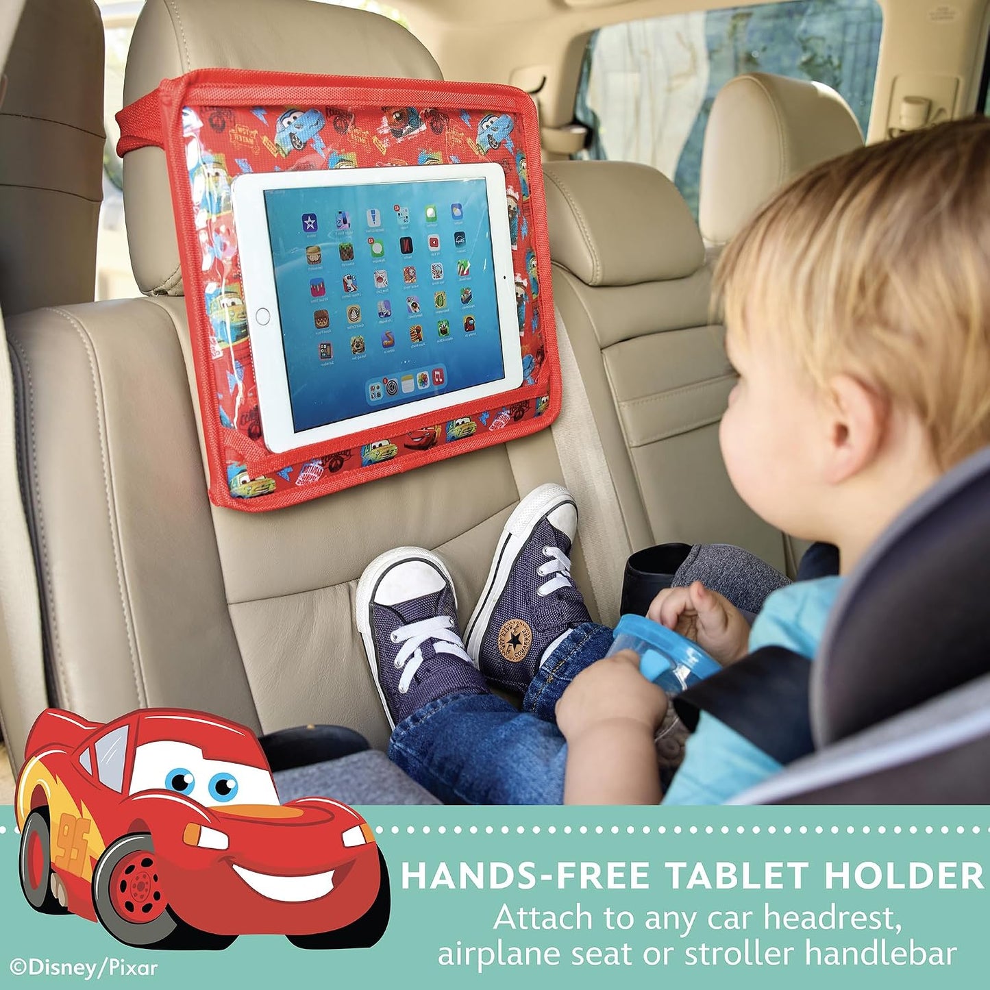 J.L. Childress Disney Baby 3-IN-1 Kids Travel Tray & Tablet Holder - Car Seat Lap Tray Desk for Toddlers, Road Trip Essentials, Activity Table, Travel Accessories - Cars