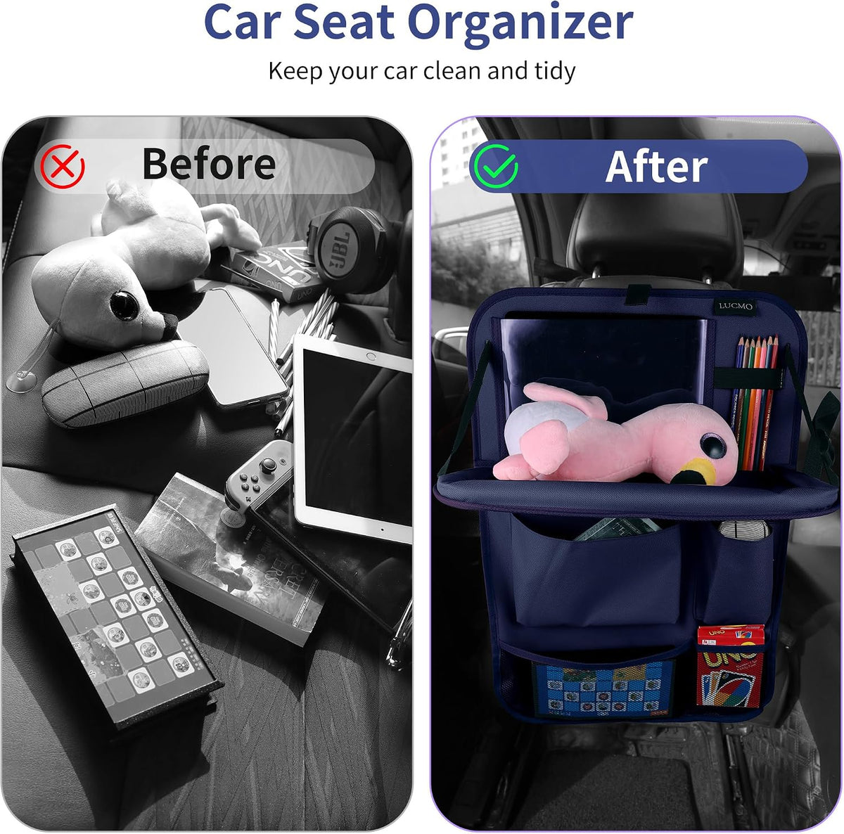 LUCMO Car Backseat Organizer with Foldable Tablet Holder, Dark Blue