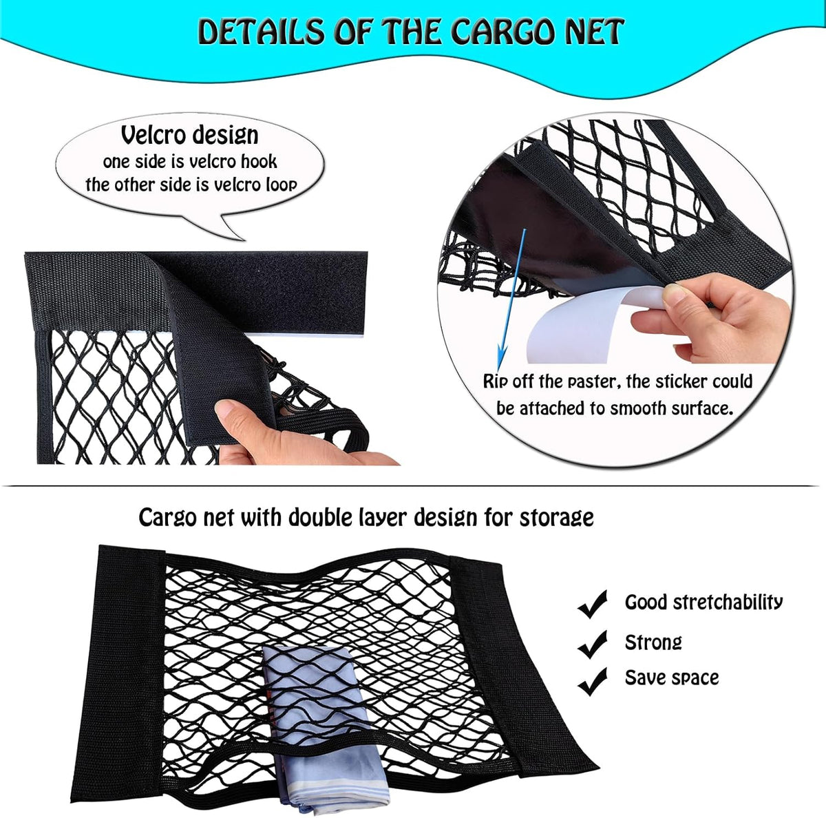 6 Pack Mesh Cargo Net Car Trunk Net Wall Sticker Organizer Pouch Bag Elastic Net with Tape Stickers for Car Trunk Storage Storage Holder for Kitchen Cabinet,Closet Organize