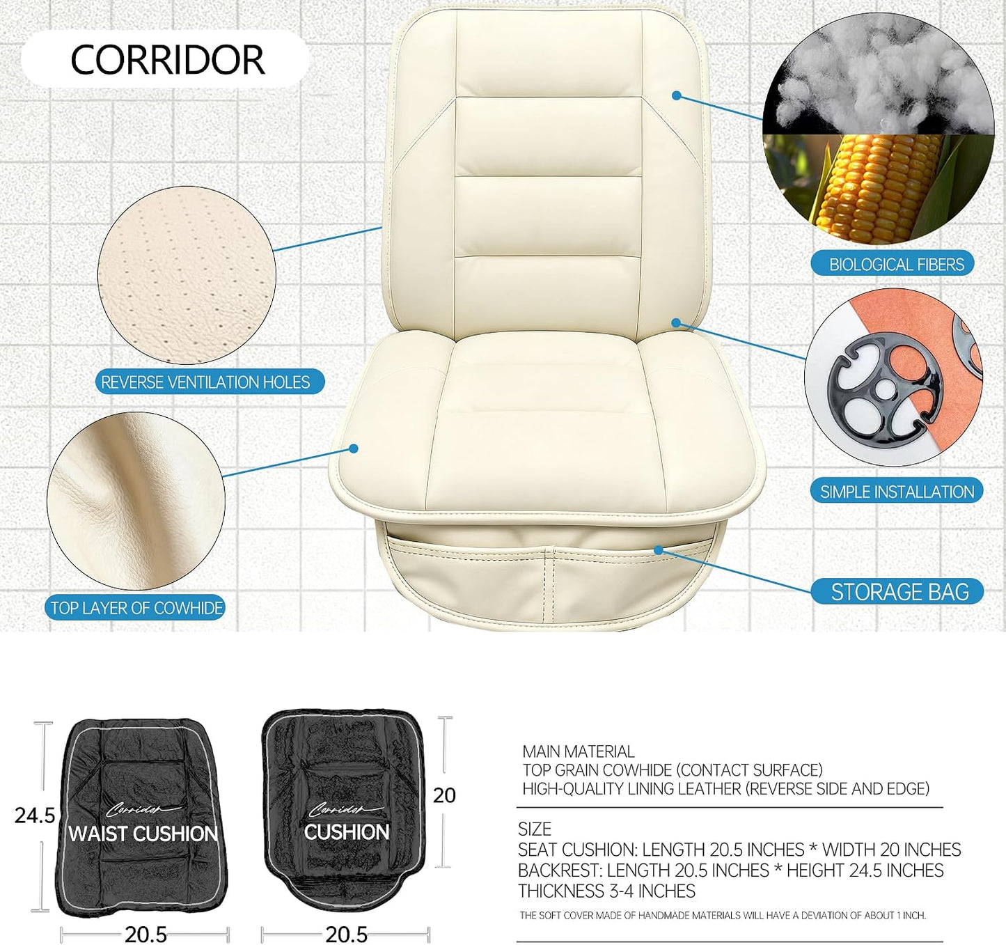 CORRIDOR Genuine Leather Seat Cushion for Car - Handmade - Relieve Hip, Pressure and Sciatica Pain - Ideal for Lower Back Pain - for Office Chair and Car Seat (Off White, Seat + Backrest)