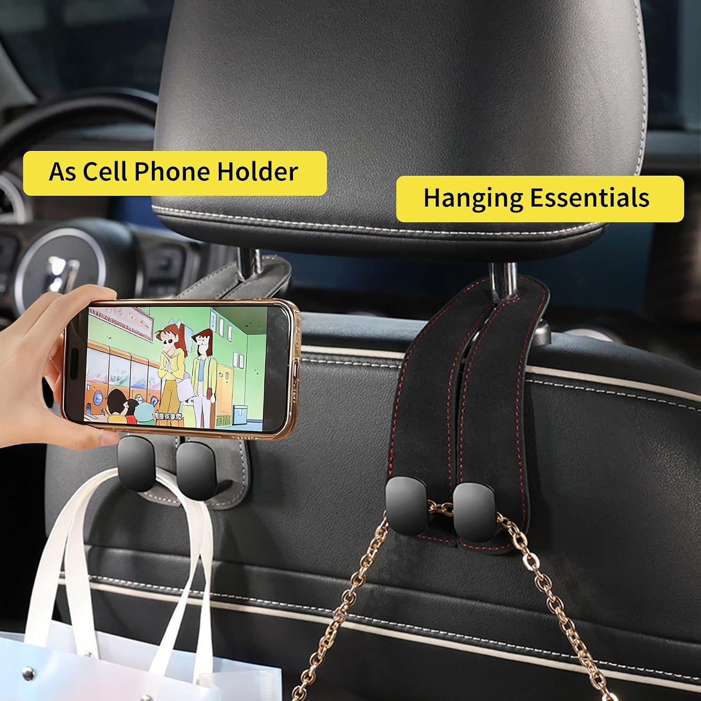 WEIHAO Purse Hook for Car Headrest, Suede Car Seat Back Storage Hook, Aluminum Twin Hooks Leather Car Headrest Hangers, Bag Holder for Sedan, Trucks, SUVs, Most Vehicles (Black-2PCS)