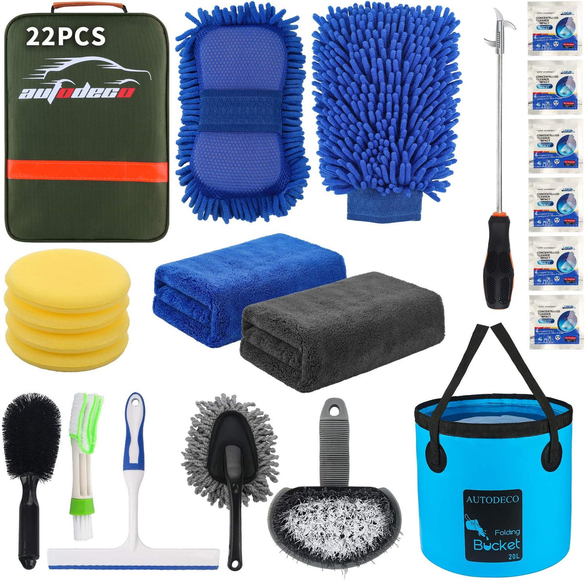22Pcs Car Wash Cleaning Tools Kit Car Detailing Set with Olive Green Canvas Bag Collapsible Bucket Wash Mitt Sponge Towels Tire Brush Window Scraper Duster Complete Interior Car Care Kit
