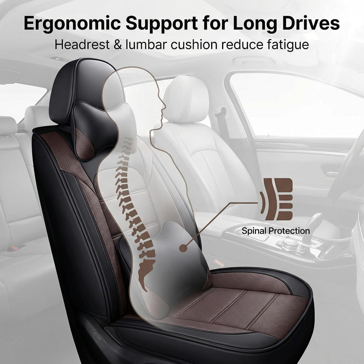 YQ FU Leather Seat Covers Black Brown Full Set w/ 2 Pillows Universal 2 Row