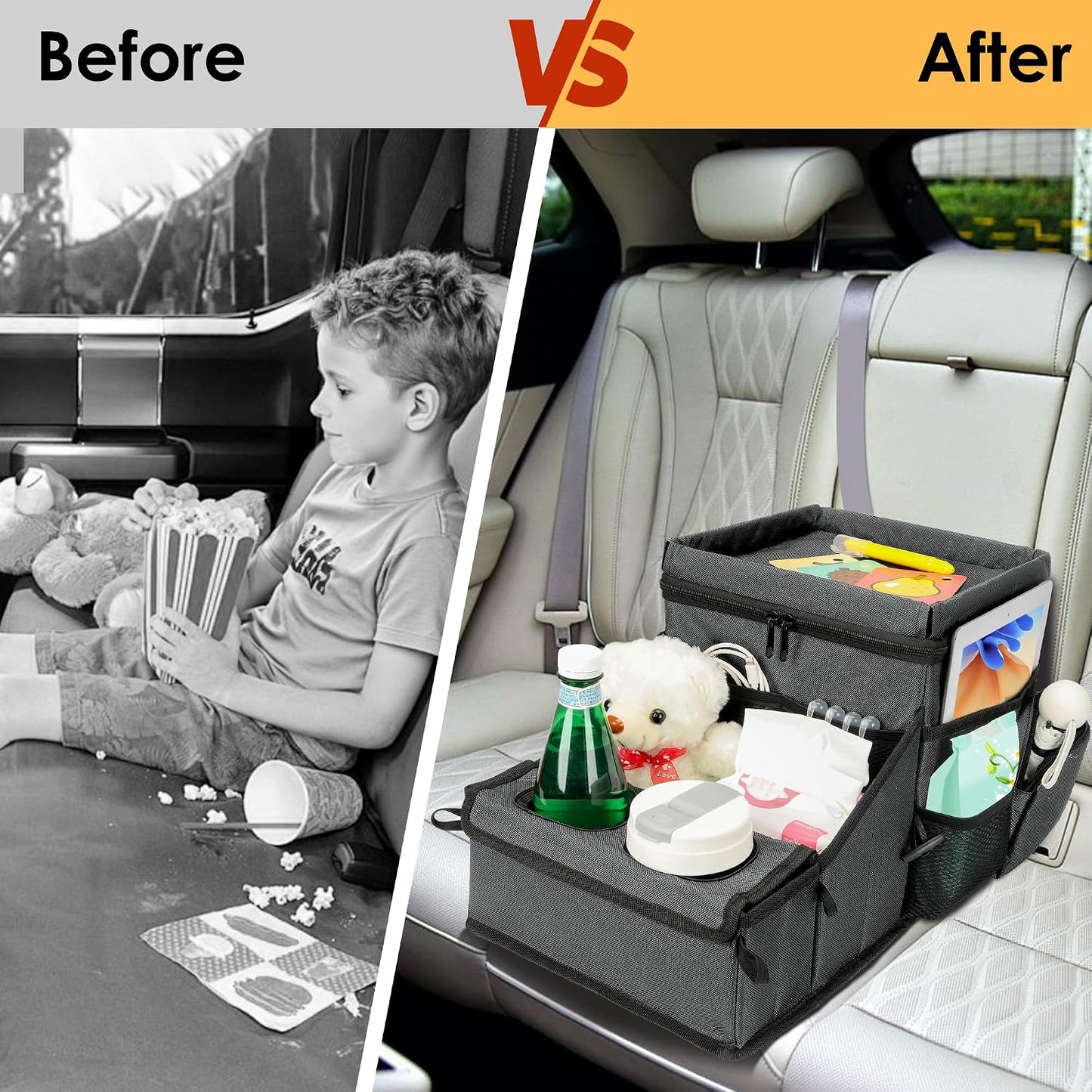 Backseat Organizer for Kids & Adults – Car Seat Cooler Warmer with 2-in-1 Writing Tray, Cup Holders & 11 Storage Compartments | Road Trip Car Organizer for Front & Back Seat (Grey)