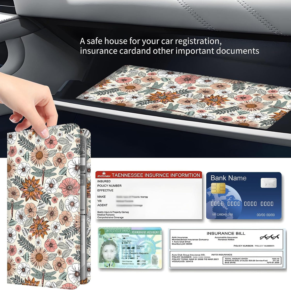 Premium Car Registration and Insurance Card Holder, Cute PU Leather Car Document Holder, Vehicle Glove Box Car Organizer with Magnetic Closure for Driver License, Cards Boho Flowers