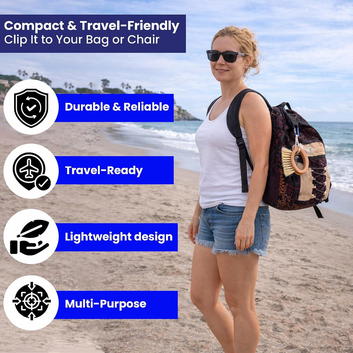 Sand Dipper Beachy Clean Sand Brush – Ergonomic Oval Grip Handle, Removes Sand from Feet, Gear, Pets & Car Mats – Beach, Camping & Travel Essential