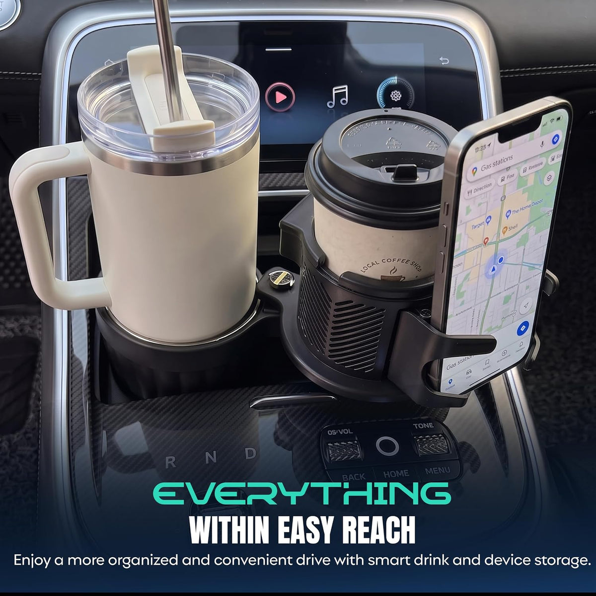 Car Cup Holder Extender with Adjustable Phone Holder, 360° Rotating Cup Holder Expander with Stainless Steel Liner, Fits Tumblers, Water Bottles, Coffee Cups & Soda Cans with Bases Under 78 mm.
