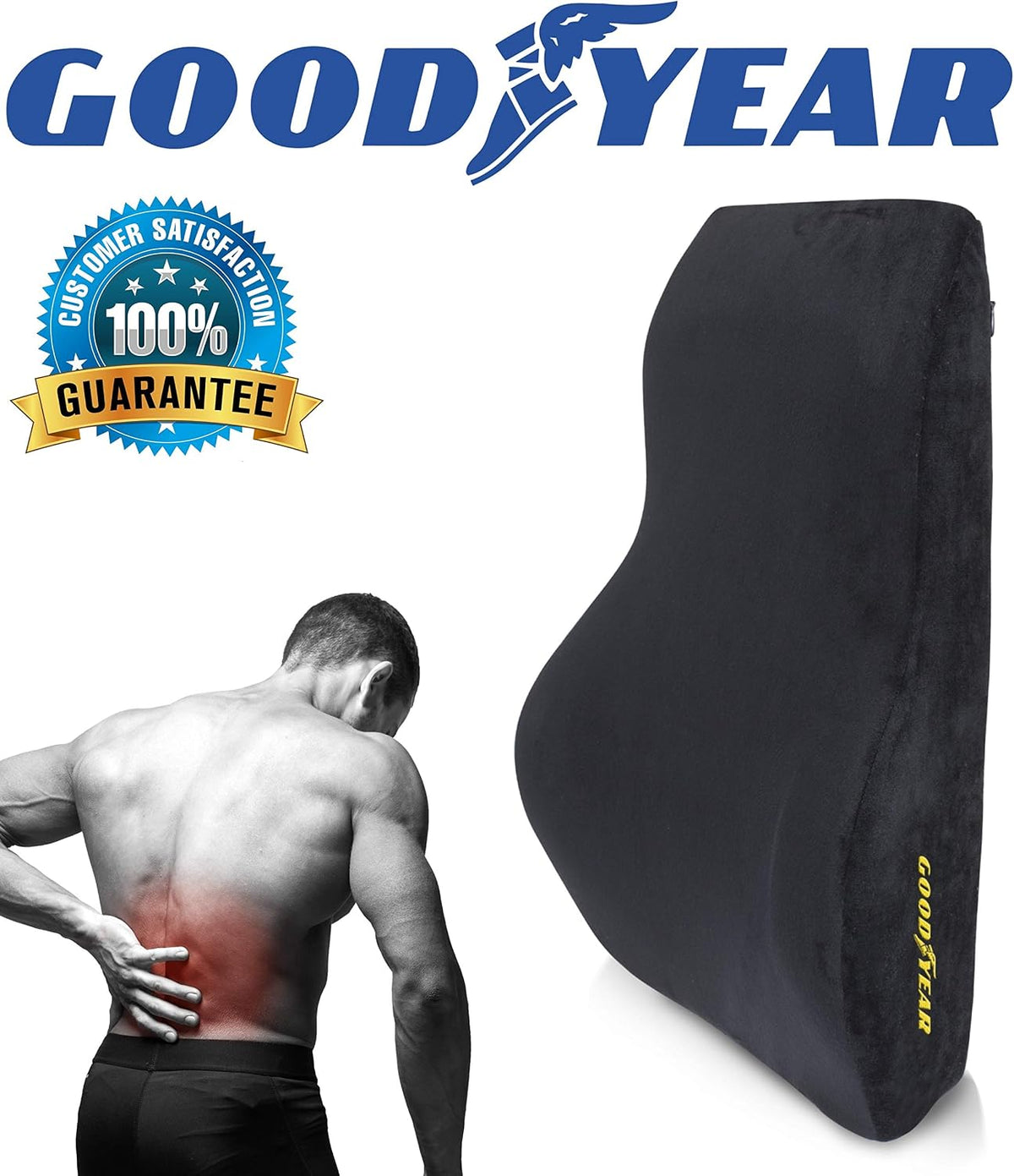 Goodyear GY1015 - Full Size Back Support Pillow for Office Chair or Car / SUV - Helps Relieve Pain - 100% Pure Memory Foam - Improves Posture - Fits Most Seats - Premium Soft Plush