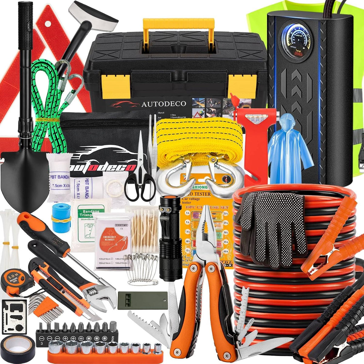 98 PCS Roadside Car Emergency Assistance Kit with Portable Air Compressor Jumper Cables Safety Hammer All in One Pliers Tool Set（Orange）