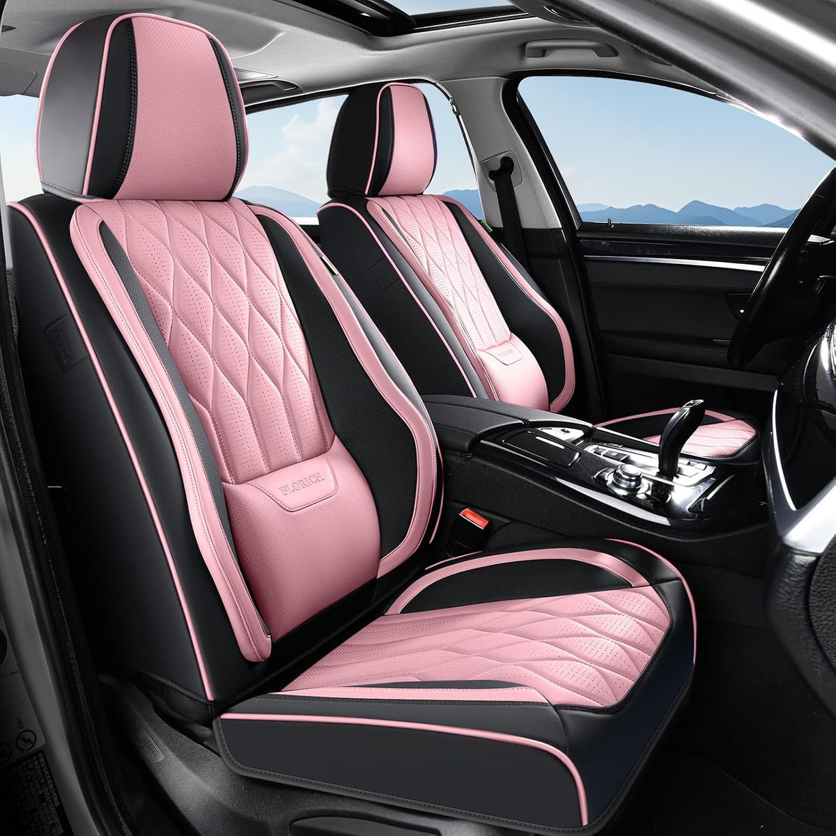 FLORICH Seat Covers Front Pair Pink Car Seat Covers Leather Car Seat Cover Waterproof Automotive Seat Covers Vehicle Seat Interior Cover Universal Fit for Most Cars Sedans Trucks SUV, Black&Pink