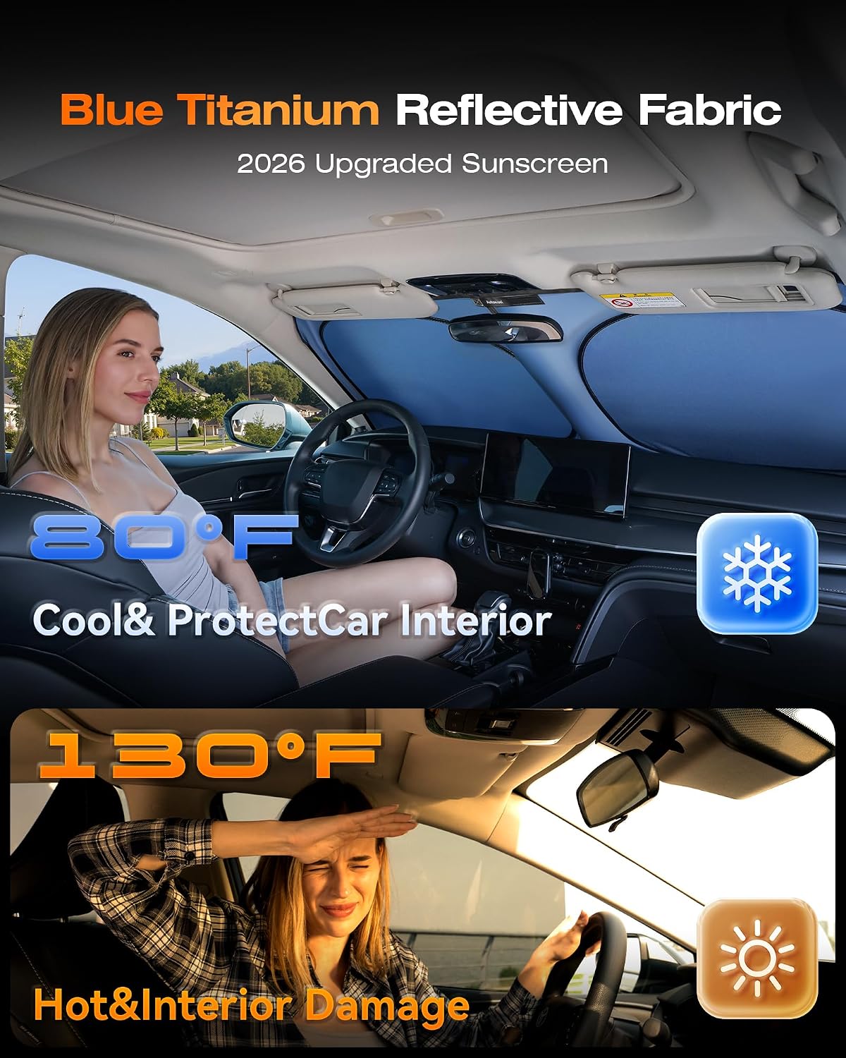Titanium Silver Car Windshield Sun Shade, Reflective Cooling Shade 64"x 32"